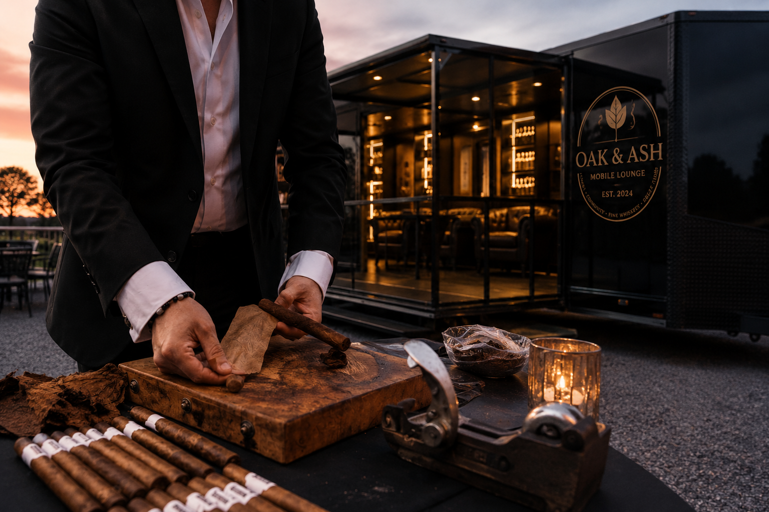 Live cigar roller crafting cigars outside the Oak & Ash mobile trailer