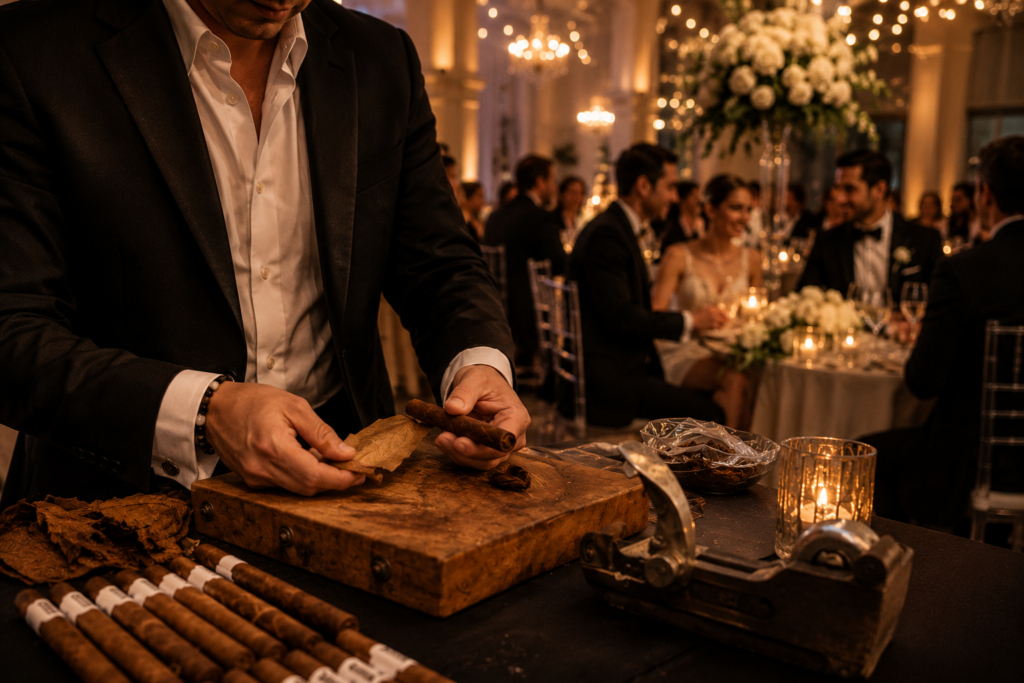 Live cigar roller hand-rolling cigars at a wedding event